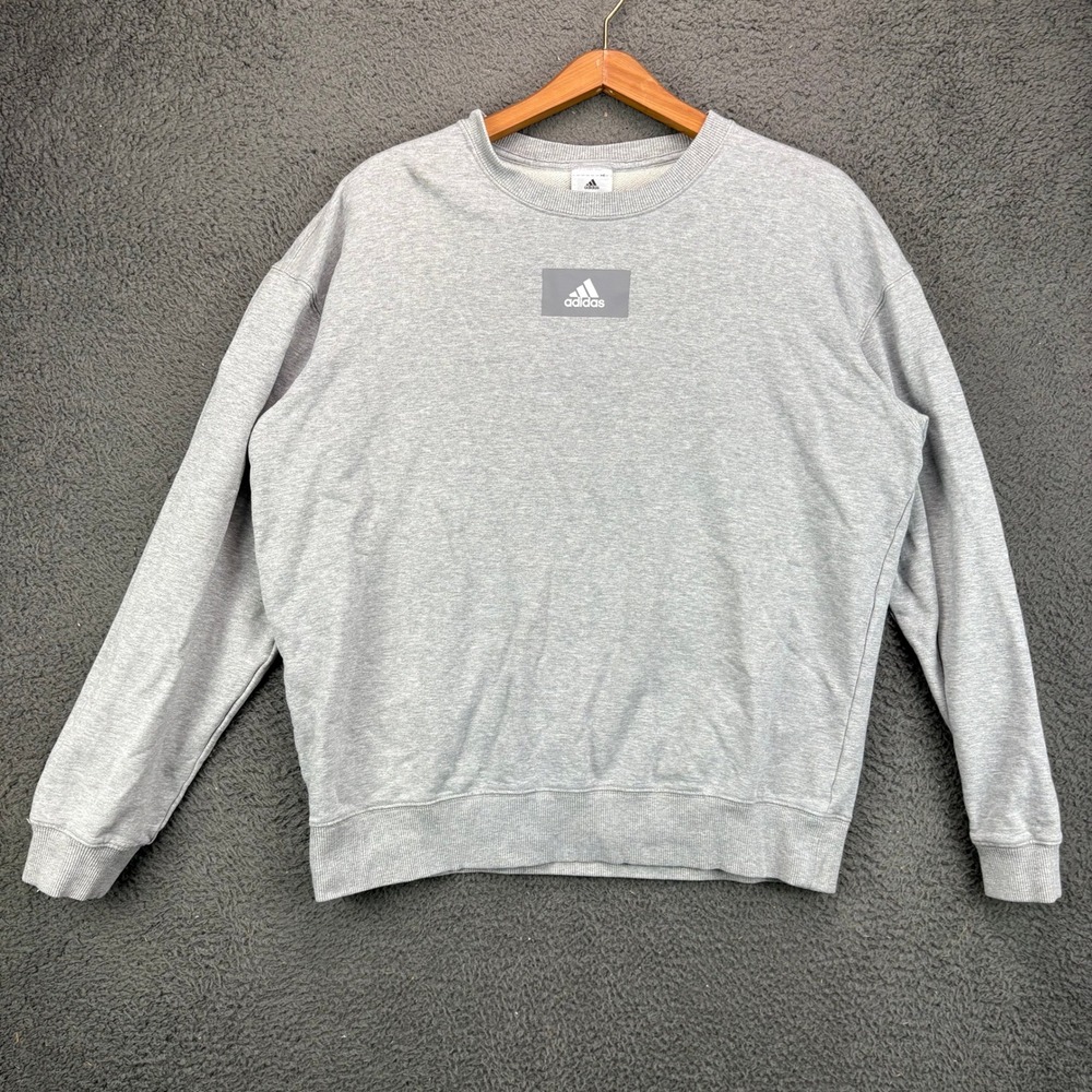 Adidas Mens Heather Gray Box Logo Crewneck Sweatshirt Medium Pullover Sportswear